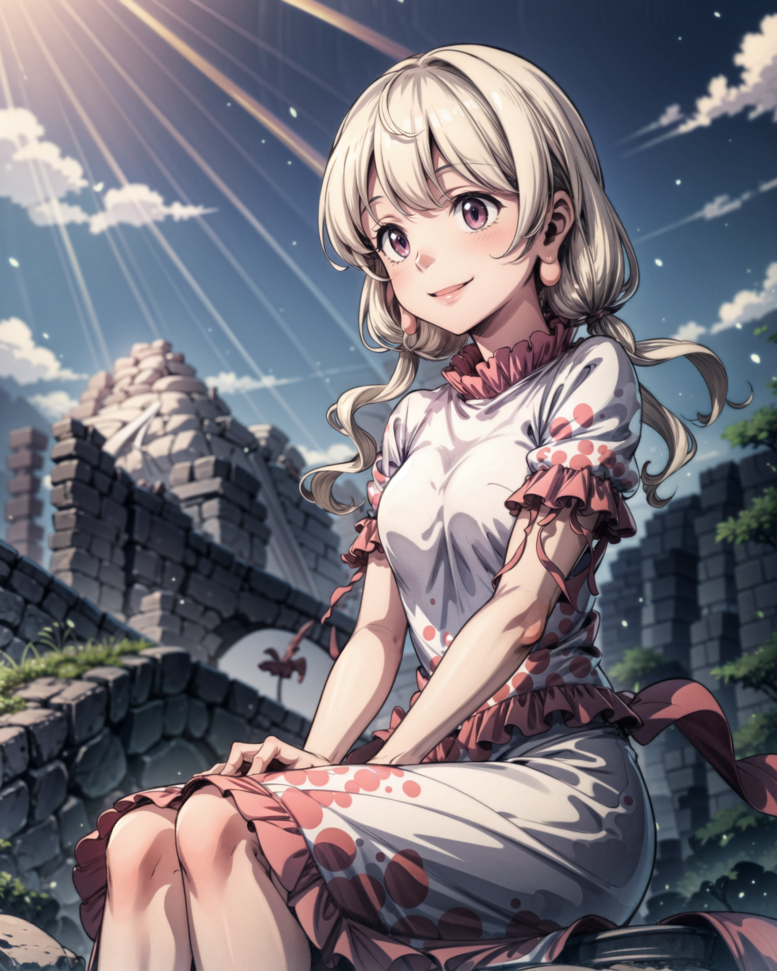 00511-2640819836-, ebisu_eika, 1girl, solo, mountains, rocks, hills, sitting, smile, , (kbxll_0.6), masterpiece, best quality.png